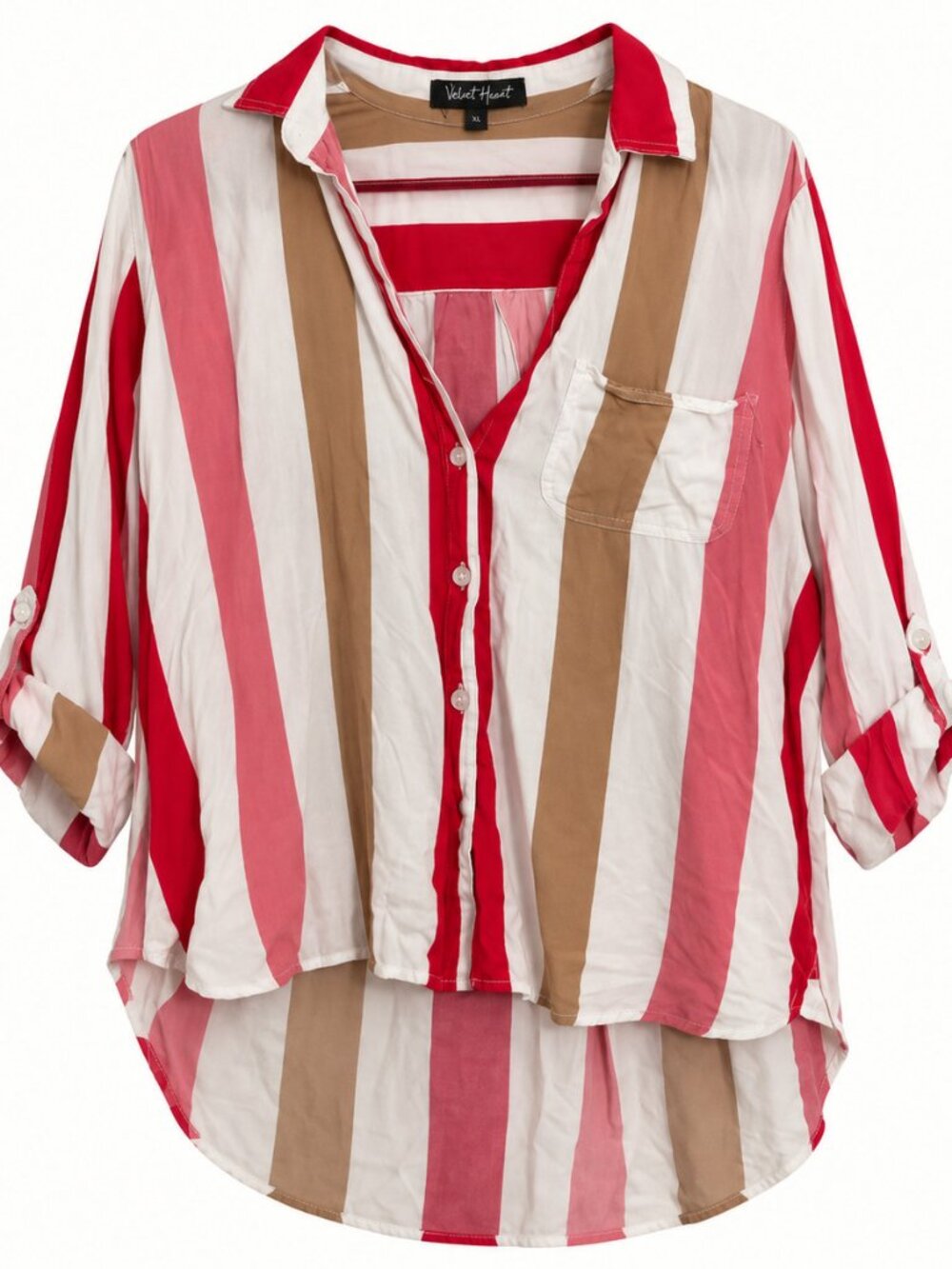 Velvet Heart Red Pink Tan Striped Button Up Blouse XL